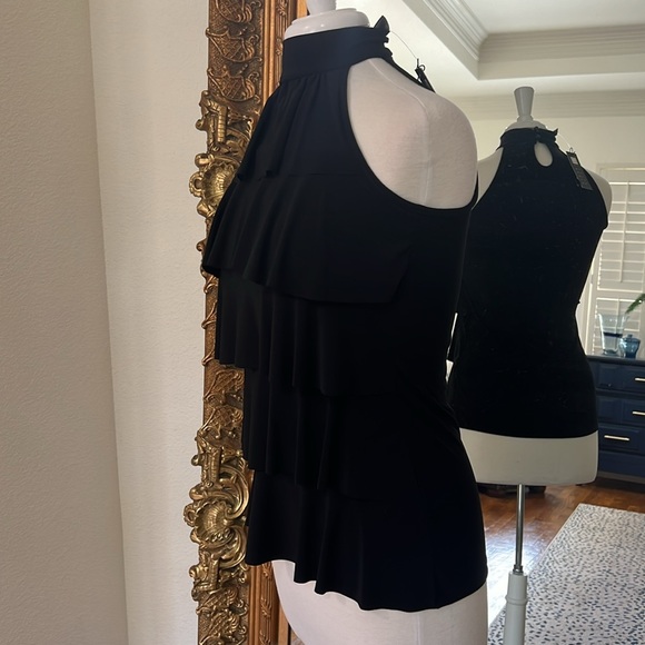 NWT Carole Little Black High Cut in Neck Ruffle Flattering Top Sleeveless Size S - Picture 2 of 5